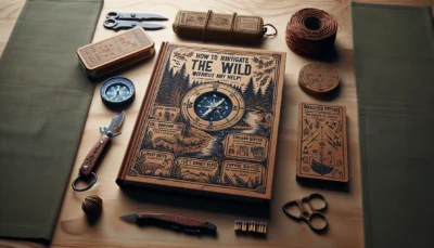 illustration générée par IA d'un faux carnet de survie en pleine nature entouré d'un couteau multifonction, d'une boussole, de ficelle et d'allumettes