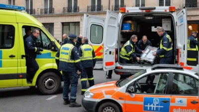 Image générée par intelligence artificielle : scène de secours dans une rue, ambulance et intervenants en tenue haute visibilité ; les inscriptions visibles sur les véhicules et les uniformes ne correspondent à aucun service réel.