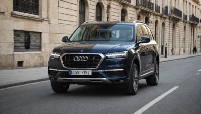 Illustration générée par IA : un SUV bleu nuit dans une rue haussmannienne, portant un logo de marque déformé. L'image ne correspond pas au sujet de l'article, qui ne traite pas d'automobile.