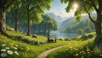 Illustration générée par IA : une prairie fleurie et un lac de montagne, avec un adulte assis sur un rocher face à un jeune enfant.