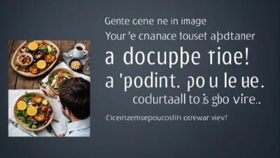 Illustration générée par intelligence artificielle : un homme attablé devant des bols de salade et un café, et à droite six lignes de texte incrusté illisible. L'image ne représente pas le sujet de l'article.