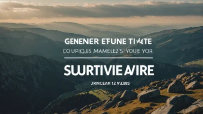 Illustration générée par intelligence artificielle : un panorama de montagne au couchant, vallée boisée, rochers au premier plan. Le bandeau de texte incrusté par le générateur n'est pas du français lisible.