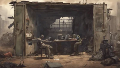 Illustration générée par intelligence artificielle : deux personnes installées devant du matériel audio de récupération dans un bâtiment en ruines, casque sur les oreilles. Un panneau mural porte un texte illisible. Vue d'artiste, aucune scène réelle n'est documentée.