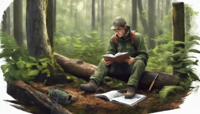 Une personne en combinaison verte, assise sur un tronc couché en pleine forêt, lisant un livre ; un sac et un manuel ouvert posés au sol à côté d’elle