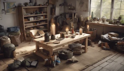 Illustration générée par intelligence artificielle : une pièce à vivre rustique avec une table en bois, des bougies et des sacs posés au sol. Cette image ne représente pas un salon professionnel.