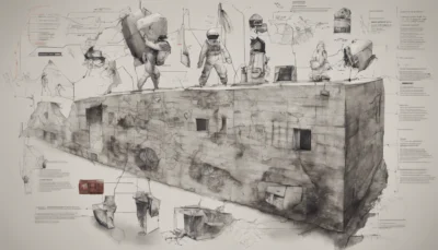 Illustration : un bunker de béton couvert d’annotations illisibles, surmonté de silhouettes en combinaison intégrale et casque hermétique