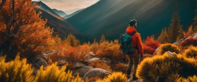 Illustration générée par IA : un randonneur de dos, sac à dos et veste orange, observant une vallée de montagne aux couleurs d'automne.