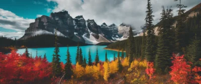 Photo : un lac de montagne turquoise au pied de sommets enneigés, entouré de sapins et de feuillages rouges et jaunes d’automne