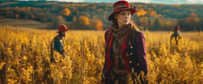 Femme en chapeau rouge et veste de velours bordeaux debout dans un champ de hautes herbes dorées, deux autres personnes habillées de même en arrière-plan