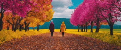 Deux personnes en manteau marchent sur une allée jonchée de feuilles, entre des arbres roses et jaunes.